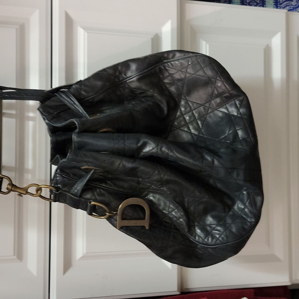 CHRISTIAN DIOR Black Quilted Leather Cannage Drawstring Tote Bag